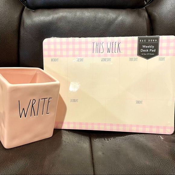 Rae Dunn THIS WEEK Pink Weekly Desk Pad & WRITE Ceramic Square Container NEW!! - Picture 1 of 5